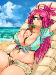 1girls absurd_res beach beer big_breasts bottle brown-tinted_eyewear busty cleavage curvy fate/extra fate/grand_order fate_(series) female_focus female_only francis_drake_(fate) hawaiian_shirt highres large_breasts looking_over_eyewear looking_over_glasses looking_over_sunglasses massive_breasts pink_hair scar shades sole_female solo solo_focus source_request steamingtofu sunglasses sweat sweatdrop sweaty swimsuit thick_thighs thong thong_bikini thong_panties tinted_eyewear wet wet_body