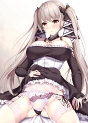 anthropomorphization archway_of_venus azur_lane bangs between_breasts black_dress blush breasts cleavage clothes_pull dress dress_lift dress_pull earrings female female formidable_(azur_lane) frilled_dress frills fukuda_shuushi garter_belt gluteal_fold gothic_lolita grey_hair high_resolution jewelry large_breasts lingerie lolita_fashion long_hair looking_at_viewer no_bra open_mouth pantsu red_eyes ribbon senkan_kirisima sitting skirt skirt_lift skirt_pull solo stockings string_panties thighhighs thighs tied_hair twintails two-tone_dress two-tone_ribbon underwear very_long_hair white_legwear white_panties white_underwear