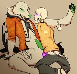 anthro bat_wings blush claws disembodied_hands ectopenis gaster glowing_eyes glowing_penis male male/male male_only monster pawpads size_difference skeleton succulentgeckos tail undertale yaoi