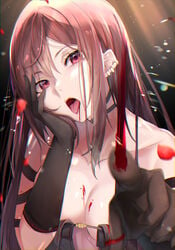 akuta_hinako bangs bare_shoulders black_dress black_gloves blood breasts brown_hair center_opening choker clavicle cleavage dress earrings elbow_gloves fate/grand_order fate_(series) female female fou_(ssqseeker) gloves high_resolution jewelry large_breasts large_filesize long_hair looking_at_viewer multiple_earrings open_mouth pixiv_id_13875076 red_eyes revealing_clothes ribbon-trimmed_dress solo strapless strapless_dress very_high_resolution very_long_hair yu_miaoyi_(fate)