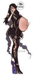 bayonetta bayonetta_(character) bayonetta_3 belly big_belly big_breasts black_hair breasts clone66 clothed clothing earrings glasses gloves hand_on_face high_heels linea_nigra lipstick long_hair makeup mole mole_under_mouth navel navel_piercing pregnant ready_to_pop speech_bubble standing tagme text text_bubble torn_clothes torpedo_belly white_background