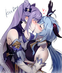 2girls ahoge arm_up assertive assertive_female bangs bare_shoulders black_gloves blue_hair blush breasts closed_mouth detached_sleeves dress earrings eyebrows_visible_through_hair female french_kiss ganyu_(genshin_impact) genshin_impact gloves goat_horns hair_between_eyes hair_cones happy_female holding_another's_arm horns jewelry keqing_(genshin_impact) kiss_day kissing large_breasts lesbian lesbian_sex lesbians long_hair long_sleeves looking_at_another multiple_girls negom purple_dress purple_hair twintails upper_body very_long_hair white_background yuri