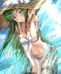 1girls absurdres alternate_costume bangs bikini blurry blurry_background blush breasts clear_glass_(mildmild1311) cleavage collarbone day detached_sleeves erinys_(fire_emblem) eyebrows_visible_through_hair female fire_emblem fire_emblem:_genealogy_of_the_holy_war green_eyes green_hair hair_between_eyes highres indoors jewelry long_hair looking_at_viewer medium_breasts navel nintendo open_mouth pendant short_sleeves signature solo strapless strapless_bikini summer swimsuit thigh_gap thigh_strap very_long_hair watermark white_bikini white_sleeves white_swimsuit