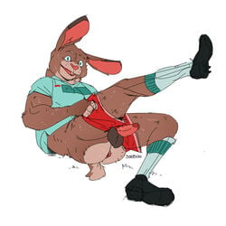 1:1 1boy anthro anus ass balls bottomwear brown_body brown_fur clothed clothing footwear fur genitals hi_res lagomorph leporid male male_only mammal pants_down partially_clothed penis rabbit shirt shoes shorts simple_background sinibun_95 socks solo topwear white_background