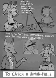 anon anthro antlers breasts cervid clothing duo english_text female freckles greyscale hand_in_panties hand_in_underwear headgear headphones headset heart hi_res hooves horn human humor keyboard male mammal monochrome necktie panties text underwear zzx