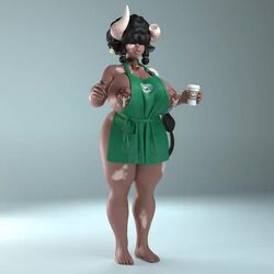 1girls 3d animated apron apron_only black_hair cow_ears cow_girl cow_horns cow_tail curly_hair dark-skinned_female dark_skin full_body generalbuta hair_between_eyes hair_over_eyes huge_breasts iced_latte_with_breast_milk lactation meme naked naked_apron nerissa_(generalbuta) nipple_piercing nipples tagme video