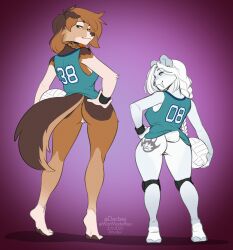 2022 2girls anthro ass athletic athletic_anthro athletic_female ball barefoot big_breasts black_nose bottomless bottomless_anthro bottomless_female breasts brown_body brown_fur brown_hair butt_tattoo canid canine canis clothed clothing collie digitigrade domestic_dog duo ear_piercing elbow_tufts facial_piercing fangs feet felid female female_only fingers fur furry furry_only genitals hair herding_dog hi_res highlights_(coloring) hindpaw humanoid_hands jersey kimmie_conover kittydee knee_pads larger_female leg_markings looking_at_viewer looking_back looking_back_at_viewer luna_(thighness) machairodontine mammal markings multicolored_body multicolored_fur nose_piercing nose_ring partially_clothed pastoral_dog paws piercing pussy rear_view rough_collie sabertooth_(anatomy) septum_piercing sheepdog size_difference smaller_female smile smilodon smirk socks_(marking) standing tail tattoo thick_thighs toes topwear twintails two_tone_body two_tone_fur volleyball_(ball) white_body white_fur white_hair wide_hips wristband