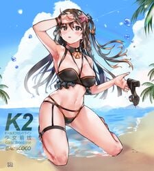 alraco armpits artist_name bangs bare_shoulders beach bikini black_bikini black_footwear black_swimsuit blue_sky blush breasts brown_eyes brown_hair character_name clavicle cleavage cloud day detached_collar eyebrows_visible_through_hair female girls'_frontline groin hair_ornament hairclip highleg highleg_bikini highleg_swimsuit holding holding_shoes k-2_(girls_frontline) kneeling long_hair medium_breasts navel ocean open_mouth outdoors palm_tree sand sandals shoes shoes_removed sidelocks single_shoe skindentation sky solo starfish_hair_ornament stomach swimsuit thigh_strap tree twitter_username wristband