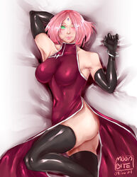 1girls 2021 alternate_breast_size alternate_costume arm_behind_head arm_gloves armpits armwear artist_name ass bare_ass bare_shoulders bent_knee bob_cut boruto:_naruto_next_generations bracelet breasts butt_crack china_dress chinese_clothes clothed_female clothing dated dress eyebrows_visible_through_hair eyelashes eyes_rolling_back female female_only green_eyes leg_lift leg_up legwear light-skinned_female light_skin long_hair looking_at_viewer lying lying_on_back moonbite naruto naruto:_the_last naruto_(series) naruto_shippuden no_panties one_eye_closed parted_bangs pink_hair raised_leg sakura_haruno shiny shiny_clothes shiny_hair shiny_skin short_hair shoulder_length_hair skindentation sleeveless sleeveless_dress smile smiling_at_viewer solo solo_focus text thighhighs tight_clothing tight_fit watermark wink winking_at_viewer