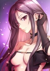 adjusting_hair akuta_hinako bangs bare_shoulders black_choker black_dress breasts brown_eyes brown_hair center_opening choker clavicle cleavage closed_mouth dress ear_piercing earrings fate/grand_order fate_(series) female hair_tucking jewelry large_breasts long_hair looking_at_viewer medium_breasts multiple_earrings neck nina_(pastime) piercing pinstripe_pattern purple_background revealing_clothes ribbon-trimmed_dress solo strapless strapless_dress striped upper_body very_long_hair yu_miaoyi_(fate)