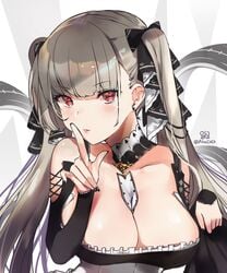 alraco azur_lane bangs bare_shoulders between_breasts black_dress blush breasts cleavage dress earrings eyebrows_visible_through_hair female female finger_to_mouth formidable_(azur_lane) frilled_dress frills grey_hair hair_ornament hair_ribbon jewelry large_breasts long_hair long_sleeves looking_at_viewer pixiv_id_5383046 red_eyes ribbon shushing solo tied_hair twintails twitter_username