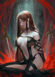 akuta_hinako arms_behind_back bare_shoulders black_gloves breasts brown_hair buckle center_opening clavicle cleavage collar ear_piercing fate/grand_order fate_(series) female female gloves lips long_hair looking_at_viewer medium_breasts navel pale_skin parted_lips phamoz piercing planted planted_sword planted_weapon red_eyes revealing_clothes sitting solo stomach sword very_long_hair weapon yu_miaoyi_(fate) zoma