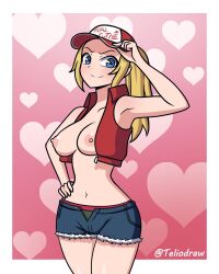 artist_name blonde_female blonde_hair blue_eyes breasts breasts_out fatal_fury female female_terry hand_on_hat hat heart_background jacket jean_shorts king_of_fighters ponytail red_hat rule_63 shorts snk snk_heroines:_tag_team_frenzy teliodraw terry_bogard