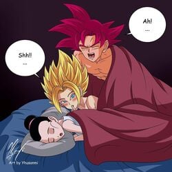 1boy 2girls abs aqua_hair bed bedroom bedroom_eyes black_hair blonde_hair blue_eyes blush blushing breasts caulifla cheat cheating cheating_husband chichi cuckquean dark_hair doggy_style dragon_ball dragon_ball_super english_text eyes_closed female female_focus hair_bun in_bed indoors light-skinned_female light_skin looking_up looking_up_at_another male male/female male/female/female moan moaning red_hair saiyan shushing sleeping solo_focus son_goku spiked_hair spiky_hair straight super_saiyan super_saiyan_god talking talking_to_another universe_6/universe_7 universe_6_saiyan/universe_7_saiyan yhusanmi