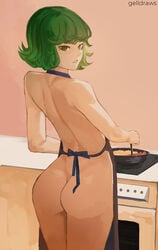 1girls apron apron_only ass cooking female from_behind gelldraws green_eyes green_hair light-skinned_female light_skin looking_at_viewer looking_back nude one-punch_man short_hair solo solo_female tatsumaki