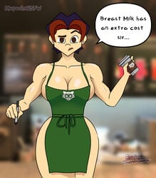 apron big_breasts brown_eyes coffee forelocks fringe iced_latte_with_breast_milk legs mapashonsfw meme muscles muscular_female nude nude_female oc original_character purple_hair short_hair starbucks thick_thighs thighs white_body white_skin