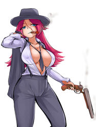 1girls absurd_res alternate_costume big_breasts busty buttoned_shirt cigar cigarette cleavage clothing curvy fate/extra fate/grand_order fate_(series) fedora female firearm francis_drake_(fate) gangster gun handgun headwear highres huge_breasts human large_breasts mafia massive_breasts neckwear outerwear pale_skin scar shotgun steamingtofu tie unbuttoned unbuttoned_shirt weapon