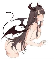 aiko_(kanl) ass bent_over breasts brown_hair cropped_legs demon_girl demon_horns demon_tail demon_wings female female horns invisible_wall long_hair looking_at_viewer medium_breasts nude original parted_lips raised_tail sidelocks simple_background solo tail taya_(aiko) very_long_hair white_background wings yellow_eyes