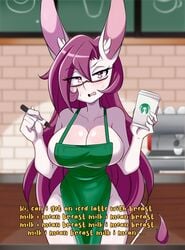 1girls apron big_breasts breasts cachi_(lucyfercomic) female female_focus female_only green_apron iced_latte_with_breast_milk lucyfercomic meme naked original original_character starbucks thick_thighs thighs