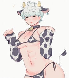 1boy abs blush cookie_run cow_horns cow_print cow_print_bikini cow_tail cowbell crossdressing femboy humanized_cookie light-skinned_male male male_only male_with_breasts milk_cookie muscular muscular_male niwa827