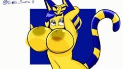 animal_crossing animated ankha anthro big_breasts bouncing_breasts breasts cross_samax domestic_cat english_text felid feline felis female frown fur furry furry_only hand_behind_head huge_breasts looking_at_viewer loop mammal nintendo nude short_playtime solo tail text video_games