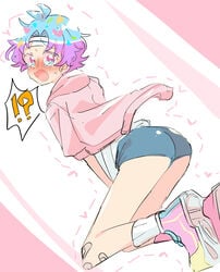 !? 1boy adult ass ass_focus blue_eyes blue_hair blush booty_shorts cookie_run crying femboy humanized humanized_cookie male male_only multicolored_hair osawariman110 pink_eyes popping_candy_cookie purple_hair shocked short_shorts simple_background thick_ass twink two_tone_eyes two_tone_hair