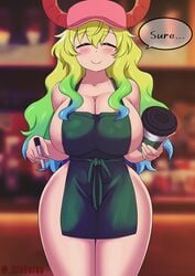 1girls apron blush cap cleavage closed_eyes female female_focus female_only front_view horns huge_breasts humanoid iced_latte_with_breast_milk large_breasts light-skinned_female light_skin long_hair meme miss_kobayashi's_dragon_maid naked_apron quetzalcoatl_(dragon_maid) smile speech_bubble text thick_thighs uroboros_(artist)