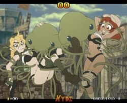 2girls alien angry animated armpits arms_up assisted_exposure black_panties blonde_hair breast_grab breasts caress caressing cleavage clothed clothing clothing_lift eri_kasamoto fio_germi glasses imminent_rape imminent_sex kyde lifted lifted_by_tentacles mars_people martian_(metal_slug) metal_slug military military_uniform panties pants_pull red_hair restrained restrained_by_tentacles stripped_by_tentacles suspended_via_tentacles tentacle tentacles_around_arms tentacles_around_legs tentacles_on_breasts torn_clothes torn_pants video_game video_game_character video_games