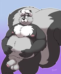 2021 anthro balls belly black_body black_fur bravo eyewear facial_hair fur genitals glasses hi_res humanoid_genitalia humanoid_hands humanoid_penis male mammal mature_male mephitid moobs moustache navel nipples overweight overweight_male penis skunk solo white_body white_fur