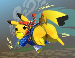 ass big_butt cleft_tail clothed clothing cosplay_pikachu cosplay_pikachu_(character) edit female feral fur furry furry_only genitals hi_res lkiws looking_at_viewer looking_back nintendo pikachu pokémon_(species) pokemon pussy simple_background solo tail thick_thighs video_games wide_hips