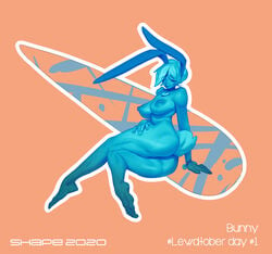 2020 animal_humanoid ass blue_body breasts collar eyewear female genitals glasses hair hi_res humanoid lagomorph lagomorph_humanoid leporid_humanoid mammal mammal_humanoid nipple_piercing nipples orange_background piercing presenting presenting_hindquarters pussy rabbit_humanoid shapeisreal short_hair simple_background smile solo