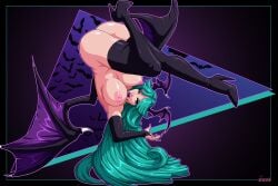 1girls 2023 areolae ass bent_legs big_breasts breasts capcom darkstalkers female female_only gauntlets green_eyes green_hair head_wings hi_res high_heel_boots long_hair looking_at_viewer medium_breasts morrigan_aensland nipples nude nude_female purple_lipstick renezuo solo succubus succubus_wings suspension thick_thighs upside-down wings