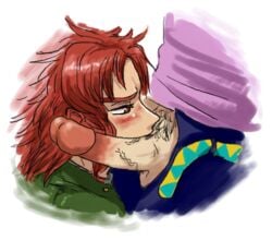 2boys blush fellatio gay jojo's_bizarre_adventure jotaro_kujo no_homo noriaki_kakyoin open_clothes oral oral_sex pubic_hair red_tip stardust_crusaders veiny_penis yaoi