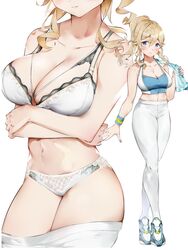 1girls big_breasts blonde_hair blue_eyes blush bra brassiere breasts genshin_impact jean_gunnhildr lace lingerie panties thick_thighs thighs yztp