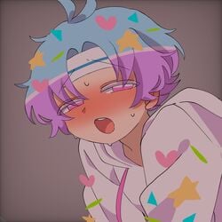 1boy androgynous blue_hair blush cookie_run femboy humanized humanized_cookie moaning multicolored_hair osawariman110 pink_eyes pink_hair popping_candy_cookie suggestive twink