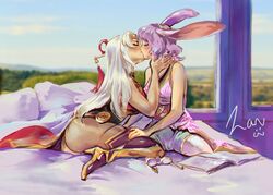 2d 2girls ass bed bedroom blush blushing bunny_ears bunny_girl female female_only kissing lian_(paladins) light-skinned_female light_skin making_out paladins pink_hair rei_(paladins) tagme video_games white_hair yuri zanthu