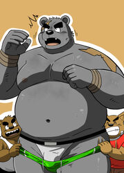 2021 anthro belly black_body black_fur black_nose bottomwear brown_body brown_fur bulge canid canine canis clothing domestic_dog fur genital_outline group humanoid_hands kemono male mammal moobs navel nipples overweight overweight_male pants penis_outline shiba-kenta shirt surprise topwear underwear ursid