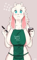 1girls anthro apron apron_only aqua_eyes areola_slip big_breasts blush buta99 caprine female female_only fur furry_only grey_background hi_res horizontal_pupils horns iced_latte_with_breast_milk looking_at_viewer meme notebook pen sheep sheep_ears sheep_horns sideboob solo solo_female starbucks text_on_clothing upper_body vanilla_(buta99) white_fur