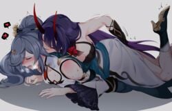 2girls assertive_female bangs blue_eyes blunt_bangs blush detached_sleeves eyebrows_visible_through_hair fingering fu_hua fu_hua_(azure_empyrea) grey_background heart heavy_breathing high_heels honkai_(series) honkai_impact_3rd horns long_hair lying motion_lines multiple_girls negom on_stomach oni oni_horns open_mouth ponytail purple_hair raiden_mei raiden_mei_(herrscher_of_thunder) red_eyes red_horns saliva shoulder_blush simple_background spoken_heart sweat yuri