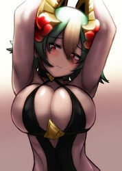 1girls absurdres alternate_costume arms_up big_breasts black_swimsuit blush breasts commentary_request dark-skinned_female dark_skin female fire_emblem fire_emblem_heroes flower gradient_hair green_hair gupunetsu hair_flower hair_ornament highres laegjarn_(fire_emblem) laegjarn_(summer)_(fire_emblem) large_breasts multicolored_hair orange_hair parted_lips red_eyes short_hair sideboob simple_background solo swimsuit upper_body