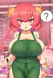 1girls ? apron apron_only coffee_cup dragon_girl dragon_horns female female_focus female_only front_view holding_object hourglass_figure huge_breasts iced_latte_with_breast_milk ilulu_(dragon_maid) light-skinned_female light_skin looking_at_viewer meme miss_kobayashi's_dragon_maid moursho naked naked_apron pen red_eyes shiny_skin shortstack speech_bubble starbucks thick_thighs twintails voluptuous