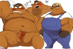 2021 animal_crossing anthro armor balls belly blush brown_body clothing erection eulipotyphlan genitals hard_hat headgear helmet humanoid_genitalia humanoid_hands humanoid_penis hyaku_(artist) japanese_text kemono male mammal mole_(animal) moobs mr._resetti musclegut navel nintendo overalls overweight overweight_male penis shirt simple_background sitting text topwear video_games white_background