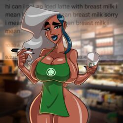 1girls apron blue_lipstick curvaceous curvy dark-skinned_female dark_nipples dark_skin ear_piercing english_text female female_focus female_only huge_breasts iced_latte_with_breast_milk lipstick looking_at_viewer meme naked naked_apron nipple_bulge nira_(phazyn) phazyn shiny_skin solo text two_tone_hair voluptuous