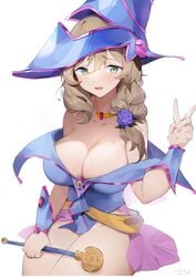 big_breasts blush breasts brown_hair cosplay dark_magician_girl_(cosplay) genshin_impact green_eyes lisa_(genshin_impact) thick_thighs thighs yztp