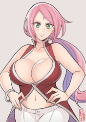 1girls alternate_breast_size bare_arms bare_shoulders belly_button blood_hood blush boruto:_naruto_next_generations bracelet breasts breasts_out cleavage curvy_figure dress female female_only forehead_jewel forehead_mark fully_clothed green_eyes hand_on_hip highres human jewelry large_breasts lipstick long_hair looking_at_viewer mature mature_female milf naruto naruto_(series) navel no_bra pink_hair pink_lips pink_lipstick pinup ponytail pose posing sakura_haruno shounen_jump skimpy skimpy_clothes sleeveless sleeveless_dress smile smiling solo standing tied_hair tight_clothes tight_clothing voluptuous wide_hips