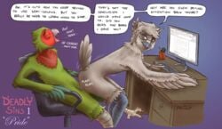 anthro assertive_female atticus_volpone avian beak bird casual_sex chair closed_eyes computer desk dialogue distracted distracted_sex dominant dominant_female duo english_text eyewear female furniture glasses green_body hi_res keyboard male male/female mocking office_chair on_bottom on_lap on_top open_mouth owl parrot power_bottom reverse_cowgirl_position sex sitting sitting_on_lap speech_bubble submissive submissive_male text