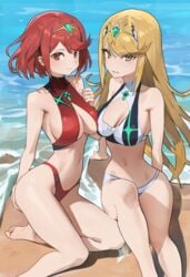 2girls background bare_shoulders beach big_breasts bikini bikini_bottom bikini_top blonde_hair blush breasts collarbone hand_on_ass headwear hood_x_art long_hair looking_back mad multiple_girls mythra navel nintendo ocean pyra red_bikini red_eyes red_fur sand short_hair sitting smile swimsuit water white_bikini xenoblade_(series) xenoblade_chronicles_2 yellow_eyes