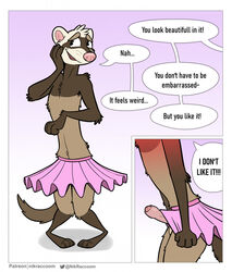 anthro better_version_at_source bottomwear clothed clothing crossdressing domestic_ferret embarrassed english_text erection erection_under_clothing furry genitals hi_res male male_focus male_only mammal mustela mustelid musteline nik159 penis poking_out secretly_loves_it skirt skirt_boner solo solo_male text true_musteline until_they_like_it