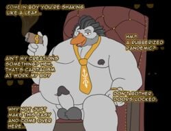 absurd_res anatid anseriform anserinae anthro avian bird cigar dialogue dirty_talk english_text five_o'clock_shadow fur goose grey_body grey_fur greying_hair hi_res imminent_sex male moobs nanozapz obese overweight overweight_male rubber sitting solo text