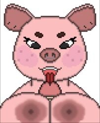 anthro breast_play breasts digital_media_(artwork) domestic_pig duo ear_piercing facial_piercing female female_focus freckles licking male male/female mammal nose_piercing nose_ring paizuri piercing pink_body pink_skin pixel_art sex suid suina sus_(pig) tongue tongue_out toridiaz